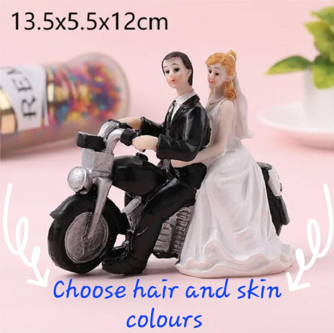 Bride and Groom Cake Topper on a Motorbike Bike Vehicle Miniature ...