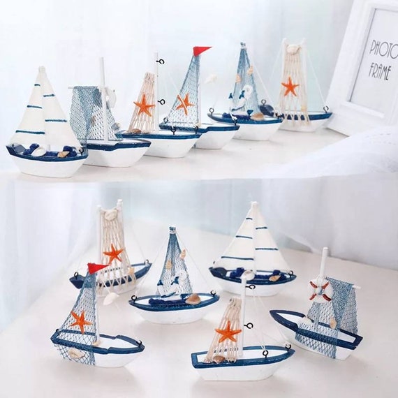 4PCS Mini Sailboat Model Ornament Mediterranean Fishing Boat Style Wooden Craft