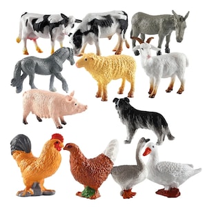 Tiere vom Bauernhof set 12 Stück Miniaturmodell Kuh Esel Huhn Hund Schweinchen Ziege Gänse Schafe Spielset Minifiguren Szene Landschaft wenig klein