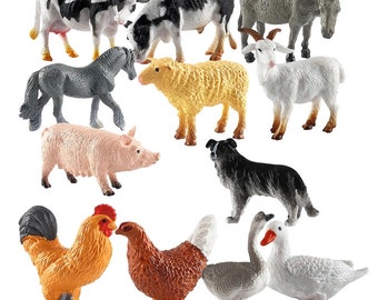 Farm animals set 12pcs Miniature model cow donkey chicken dog pig rooster goat geese sheep playset mini figures scene scenery little small