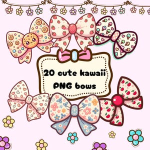 May include: 20 cute kawaii PNG bows in various designs, including strawberries, ice cream, flowers, and hearts. The bows are in pink, white, blue, and yellow.