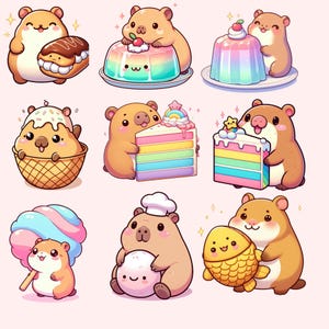 May include: A collection of cartoon illustrations featuring cute hamsters with various desserts. The hamsters are depicted with a variety of treats, including a sandwich, rainbow cake, and a fish-shaped pastry. The illustrations have a soft, pastel color palette.