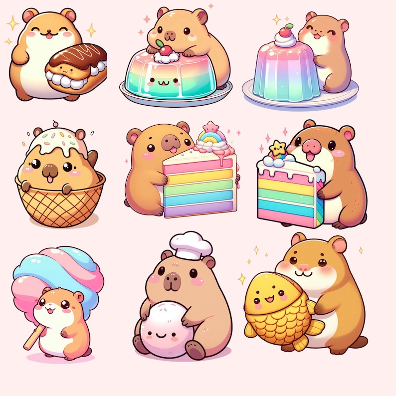 May include: A collection of cartoon illustrations featuring cute hamsters with various desserts. The hamsters are depicted with a variety of treats, including a sandwich, rainbow cake, and a fish-shaped pastry. The illustrations have a soft, pastel color palette.