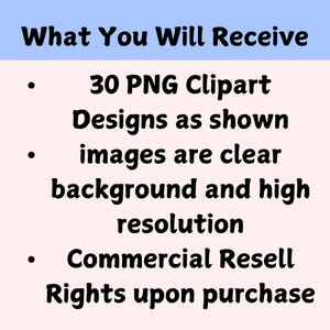 May include: Text on a light pink background with a light blue header that reads "What You Will Receive." The text below lists "30 PNG Clipart Designs as shown," "images are clear background and high resolution," and "Commercial Resell Rights upon purchase."