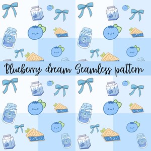 May include: A seamless pattern featuring blueberries, pie slices, milk cartons, bows, and jars of jam on a light blue and white checkered background. The text "Blueberry dream Seamless pattern" is written in cursive.