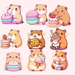 May include: A collection of nine cartoon illustrations of cute hamsters. Each hamster is depicted with various treats, including macarons, cake, boba tea, ice cream, a fish-shaped snack, and marshmallows. The hamsters are in shades of brown and tan, with pink accents.