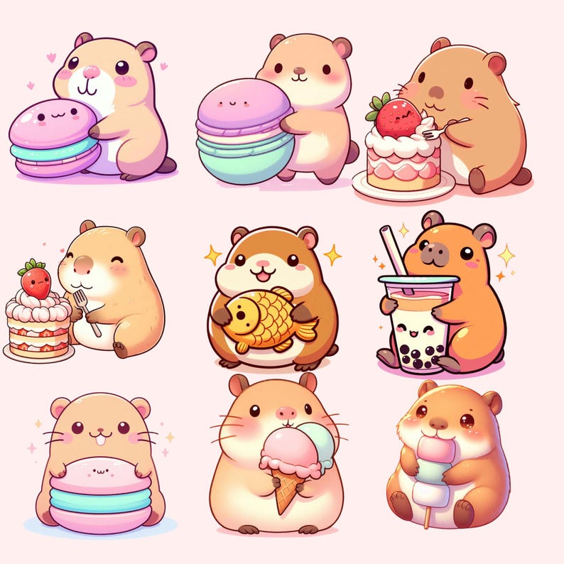 May include: A collection of nine cartoon illustrations of cute hamsters. Each hamster is depicted with various treats, including macarons, cake, boba tea, ice cream, a fish-shaped snack, and marshmallows. The hamsters are in shades of brown and tan, with pink accents.