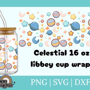 May include: A digital download of a 16 ounce libbey cup wrap design featuring a celestial theme with planets, stars, and moons in pastel colours. The design is shown on a clear glass cup with a straw.