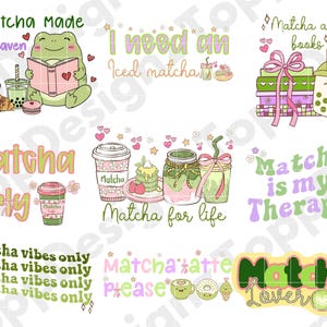 May include: A collection of matcha-themed graphics with text. Designs include a frog reading a book, a stack of books with a matcha drink, and phrases like "Matcha Girly" and "Matcha Lover". The color palette is pastel green, pink, and yellow.