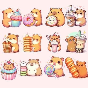 May include: A collection of cartoon hamsters with various desserts and drinks. The hamsters are holding a cupcake, donut, pancake stack, milkshake, boba tea, and a lollipop. The illustrations are in a cute, colorful style with a pink background.