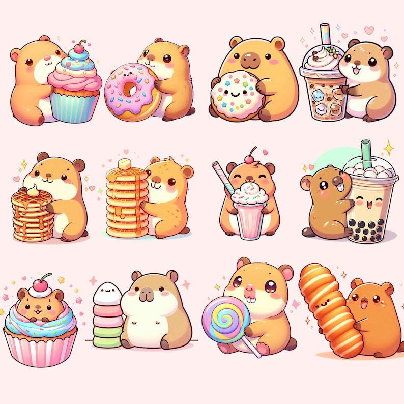 May include: A collection of cartoon hamsters with various desserts and drinks. The hamsters are holding a cupcake, donut, pancake stack, milkshake, boba tea, and a lollipop. The illustrations are in a cute, colorful style with a pink background.