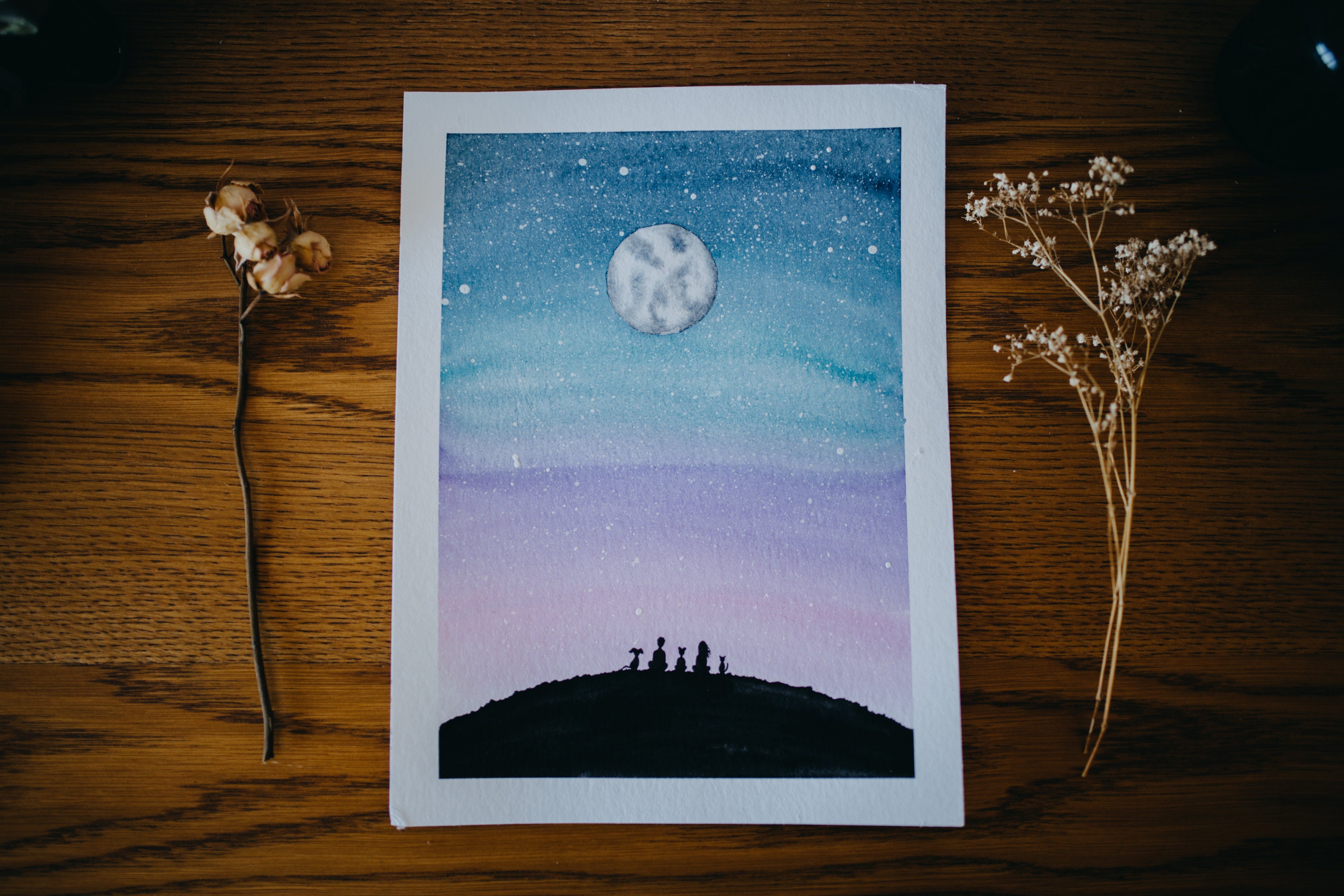 Aquarelle Famille Sous La Lune