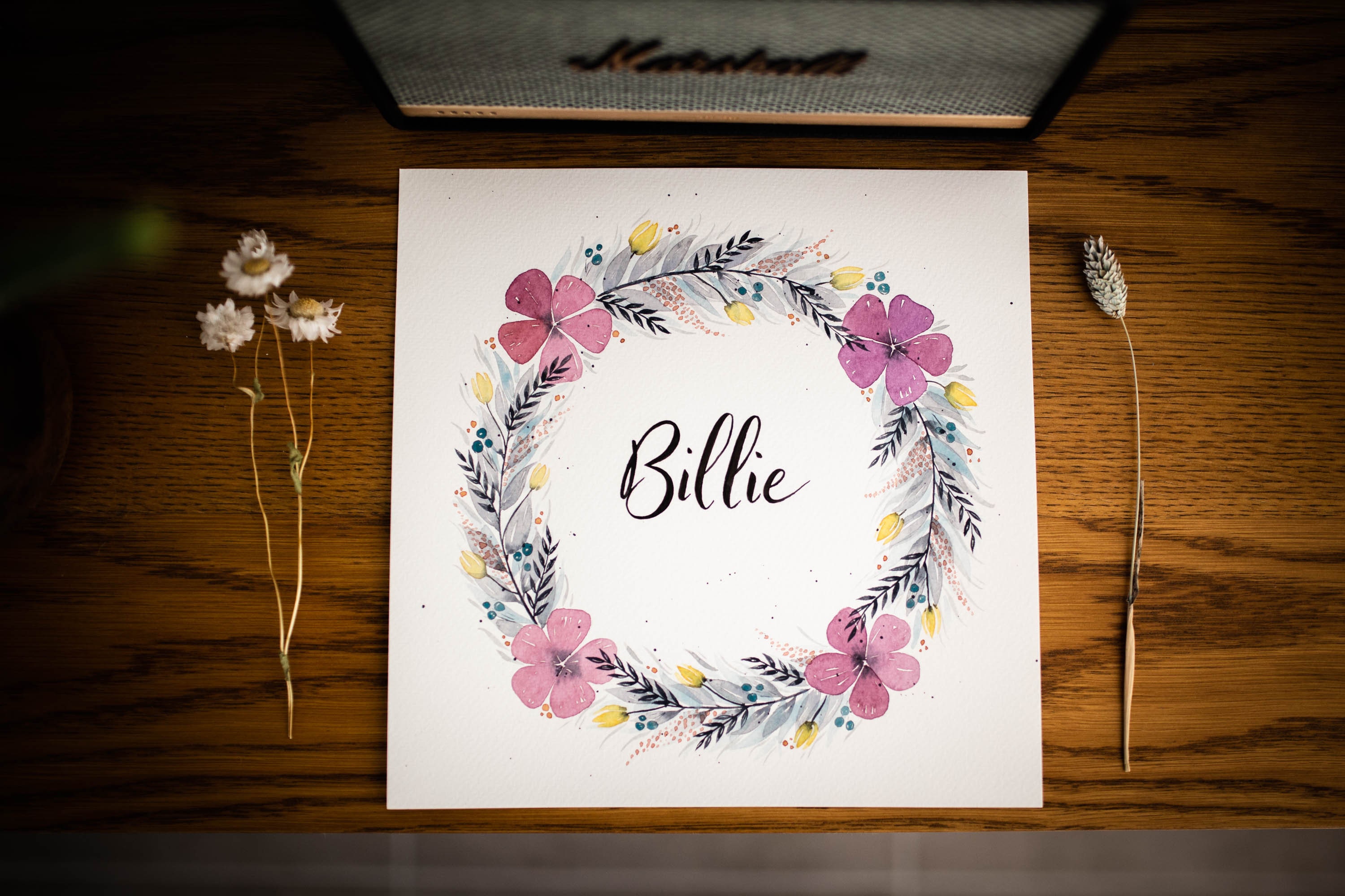 Aquarelle Couronne de Fleur Personnalisée Prénom Naissance Enfant Mariage