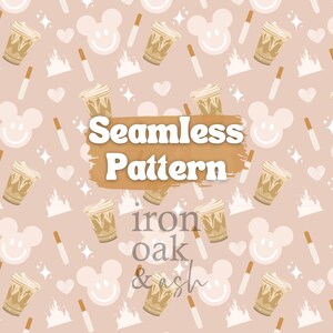 May include: A seamless pattern featuring a light brown background with white Mickey Mouse heads, white hearts, white stars, white castle silhouettes, brown pretzel sticks, and brown coffee cups with whipped cream and a brown swirl design. The text "Seamless Pattern" is written in white letters on a brown rectangle with a watercolor effect. The text "iron oak & ash" is written in white letters on a brown rectangle.