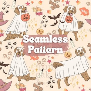 Puede incluir: Patrón sin costuras con perros disfrazados de fantasmas, sosteniendo bolsas de golosinas de calabaza, rodeados de elementos de Halloween como murciélagos, caramelos y sombreros de bruja. El texto "Seamless Pattern" se muestra.