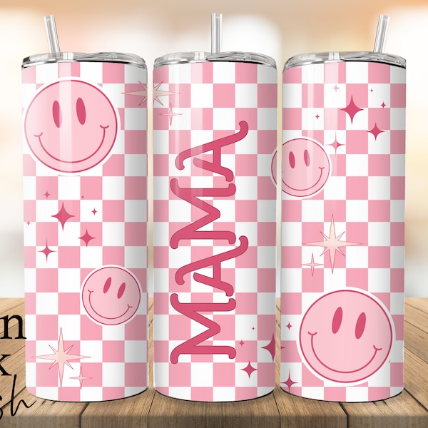 Pink Retro Smiley Face Mama Tumbler PNG Bundle, Mama Tumbler, Personalized Gift PNG, Smiley Face Tumbler Design, 20 oz Tumbler PNG