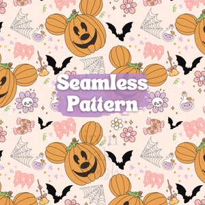 May include: A seamless pattern featuring a cute Halloween theme with Mickey Mouse shaped pumpkins, bats, candy, flowers, and the word "BOO" in pink and white.