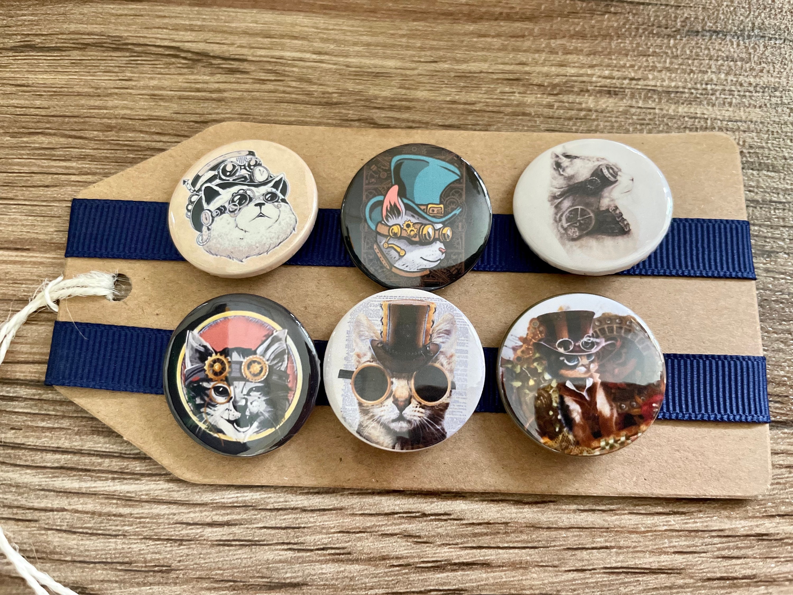 Steampunk Cats, Victorian, Steampunk, Feline, Cat Lover - Button Pin Badge Set