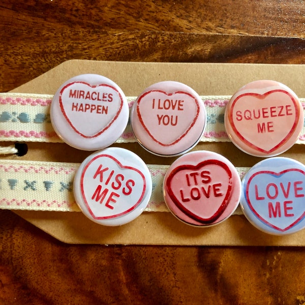 Love Hearts Candy Sweets Valentines - Button Pin Badge Set