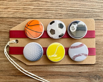 Sports Balls, Football, Tennis, Golf, Basketball, Snooker, Baseball, Sport Lover - Button Pin Badge Set