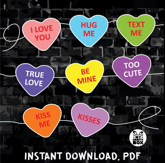 Candy Heart Bunting valentine/'s idea conversation hearts galentine banner party decor bunting flag party printables pastel colors