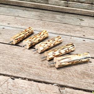 May include: Five wooden furniture legs with a natural, light brown and tan wood grain pattern. Each leg has a silver screw protruding from one end. The legs are arranged diagonally on a weathered wooden surface.