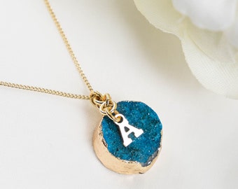 Personalized natural blue druzy necklace, round druzy gemstone necklace,gold filled letter necklace,raw gemstone necklace,gift for mom