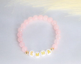 Custom baby name bracelet,gemstone bead bracelet,personalized toddler bracelet,rose bracelet for girl,baby and mom bracelet,baby shower gift