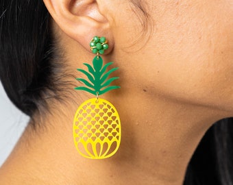 Pendiente de piña acrílica, pendiente de frutas, pendientes largos de borlas, pendientes cortados con láser, pendientes divertidos, pendientes pom pom, pendientes de moda