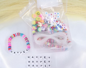 DIY stretchy beaded name bracelet for kids, party gift favor for girls, rainbow fun kit bracelet, bracelet making kit,make your own bracelet