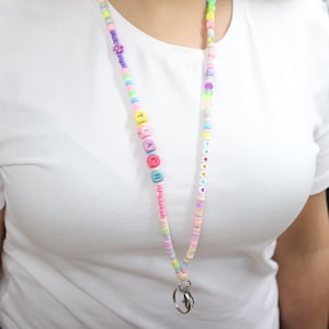 Custom name lanyard, bead teacher lanyard,pastel rainbow fun lanyard,special gift for teacher, badge necklace,badge holder, colorful lanyard