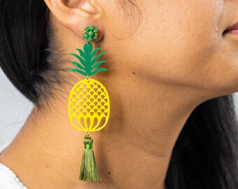 Pendientes de piña de borlas de acrílico, pendientes de frutas, pendientes largos de borlas, pendientes de corte láser, pendientes de diversión, pendientes de pompón, pendientes botánicos