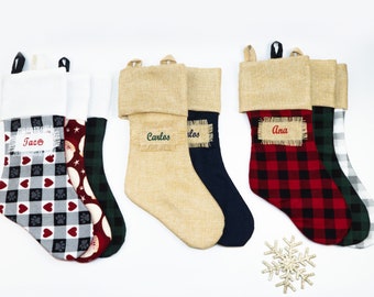 Embroidered stockings, christmas stockings personalized, burlap christmas stockings, custom christmas stockings, plaid christmas stocking