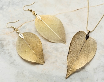 Real Gold Leaf Earrings and Necklace,Natural Leaf Jewelry, Elegant Work Jewelry, Bride Jewelry Set,mom of bridge jewelry, boho bride jewelry