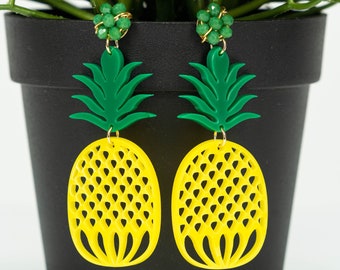 Acrylic pineapple earring,fruit earring,long tassels earrings, laser cut earring,fun earrings,pom pom earrings, trendy earrings