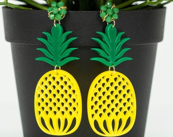 Pendiente de piña acrílica, Pendiente de fruta, Pendientes de borlas largas, Pendiente cortado con láser, Pendientes divertidos, Pendientes de pompón, Pendientes de moda