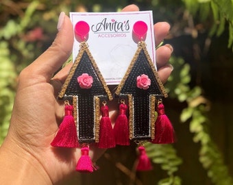 Black seta tassel earrings, handmade earrings, sets earrings, strass jewelry, large statement earrings, handmade jewelry, set patch earrigs