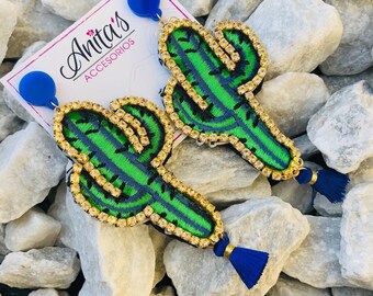 Cactus tassel earrings, cactus earrings, succulent earrings, green statement earrings, big earrings for women, plant earrings, cactus patch