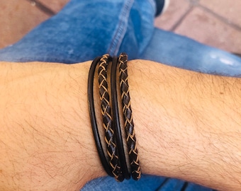 Mens leather and silver bracelet, mens brown leather bracelet, mens wrap leather and stainless steel bracelet,woven leather bracelet for men