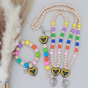 Cordón de maestro de cuentas, cordón divertido arco iris, regalo especial para el maestro, collar de insignia, soporte de insignia, billetera de cordón colorido, pulsera de llavero