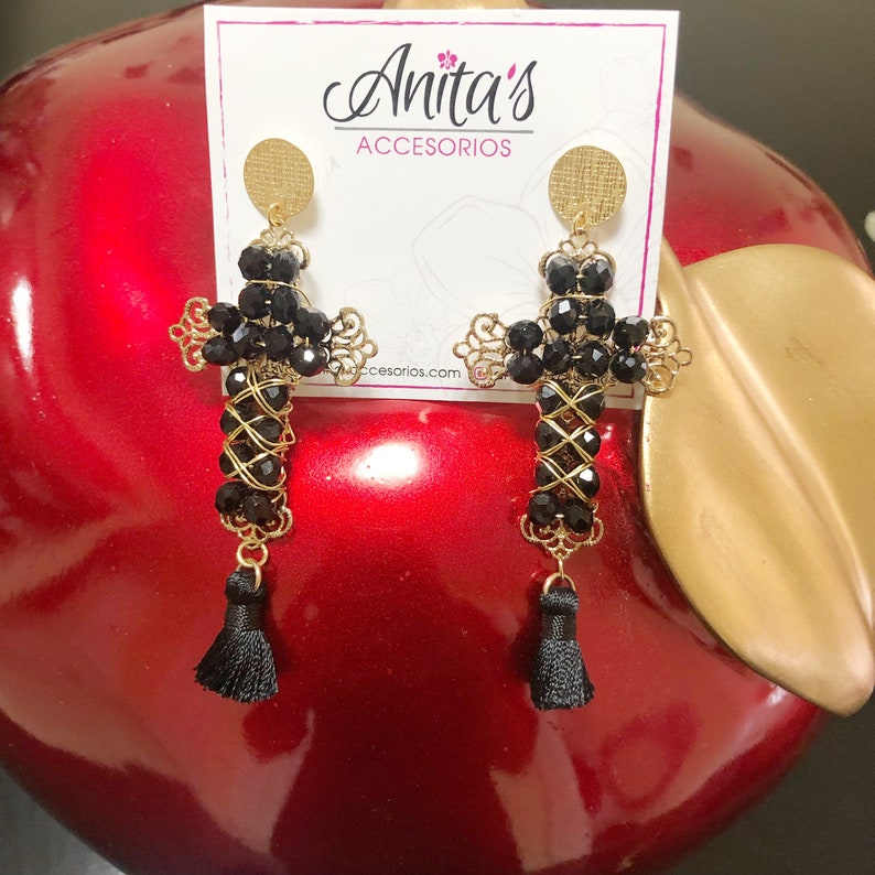 Gold cross earrings,Cross earrings women,cross earrings black,dangling cross earrings,religious earrings,earrings with black tassels,tassels