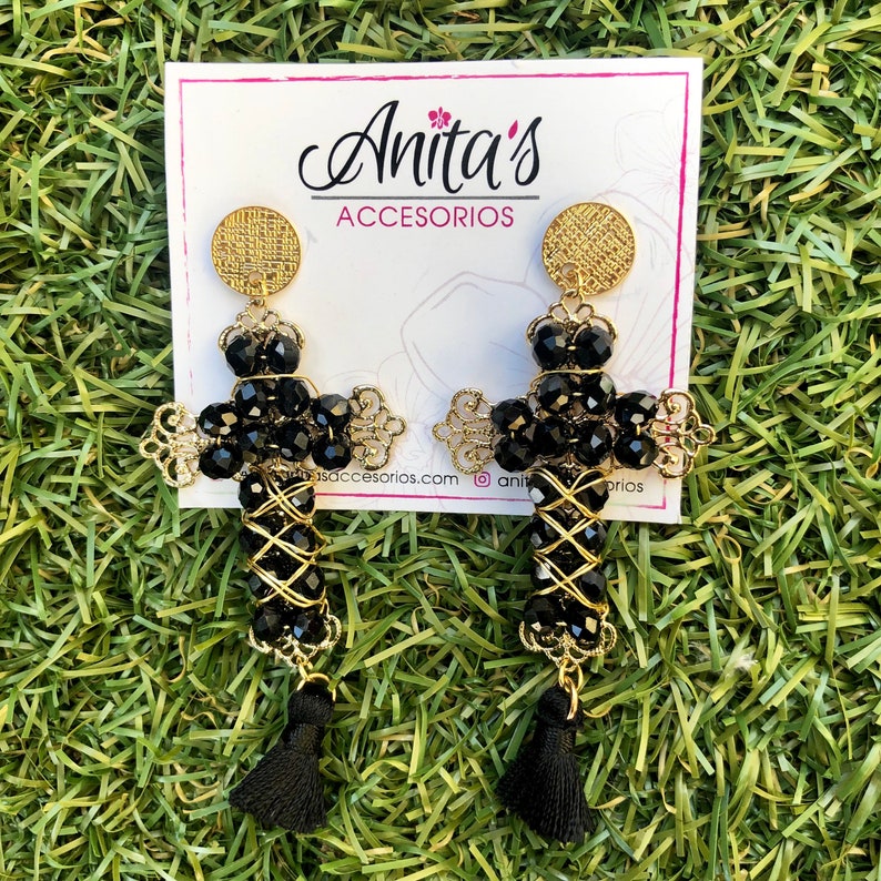 Gold cross earrings,Cross earrings women,cross earrings black,dangling cross earrings,religious earrings,earrings with black tassels,tassels