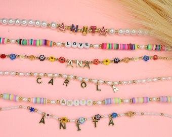 Custom y2k bead name necklace, rainbow necklace,fun bead necklace with names,summer necklace,colorful necklace, mismatched woman necklace