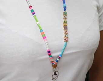 Custom name lanyard, bead teacher lanyard ,rainbow fun lanyard, special gift for teacher, badge necklace,badge holder, colorful lanyard