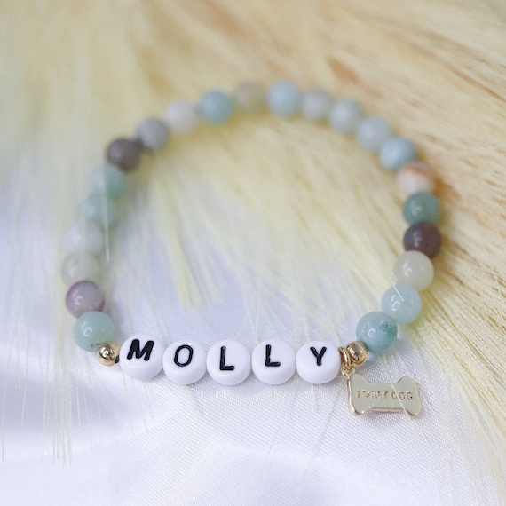Pet memorial name bracelet, dog name stone bracelet, custom beaded dog name bracelet, memorial pet jewelry, bone bracelet, animal lover gift