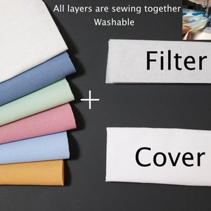 May include: A close-up of a stack of fabric layers in various colors, including white, blue, green, pink, and orange. The text "All layers are sewing together Washable" is visible above the fabric stack. Below the fabric stack, a white rectangle with the text "Filter" is visible. Below the filter, a white rectangle with the text "Cover" is visible.