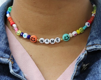 Custom smiley beaded name necklace,fun bead,beach necklace,summer necklace,waterproof necklace,colorful beach necklace,rainbow fun necklace