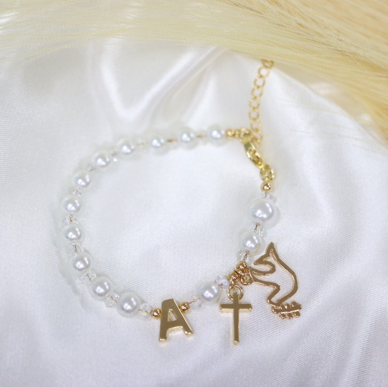 First communion gift girl, custom initial bracelet, first holy communion gift, pearl bracelet, confirmation bracelet, gift for goddaughter image 1