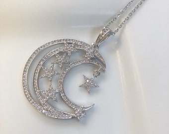 Silver moon and star necklace,moon face necklace,large crescent moon,moon phases necklace,gothic moon necklace,silver crescent moon necklace