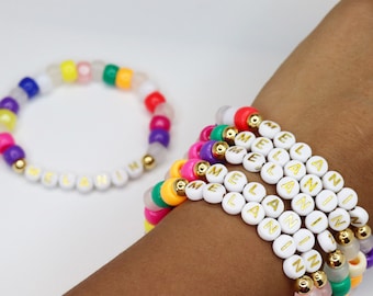 Custom UV candy beaded name bracelet, party gift favor for girls, colorful beach bracelet, rainbow fun bracelet, mom and daughter bracelets